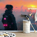 Cyberpunk Sunset Cityscape Mural Wallpaper — Futuristic Horizon Mural Wallpaper - pure wallpaper artwork