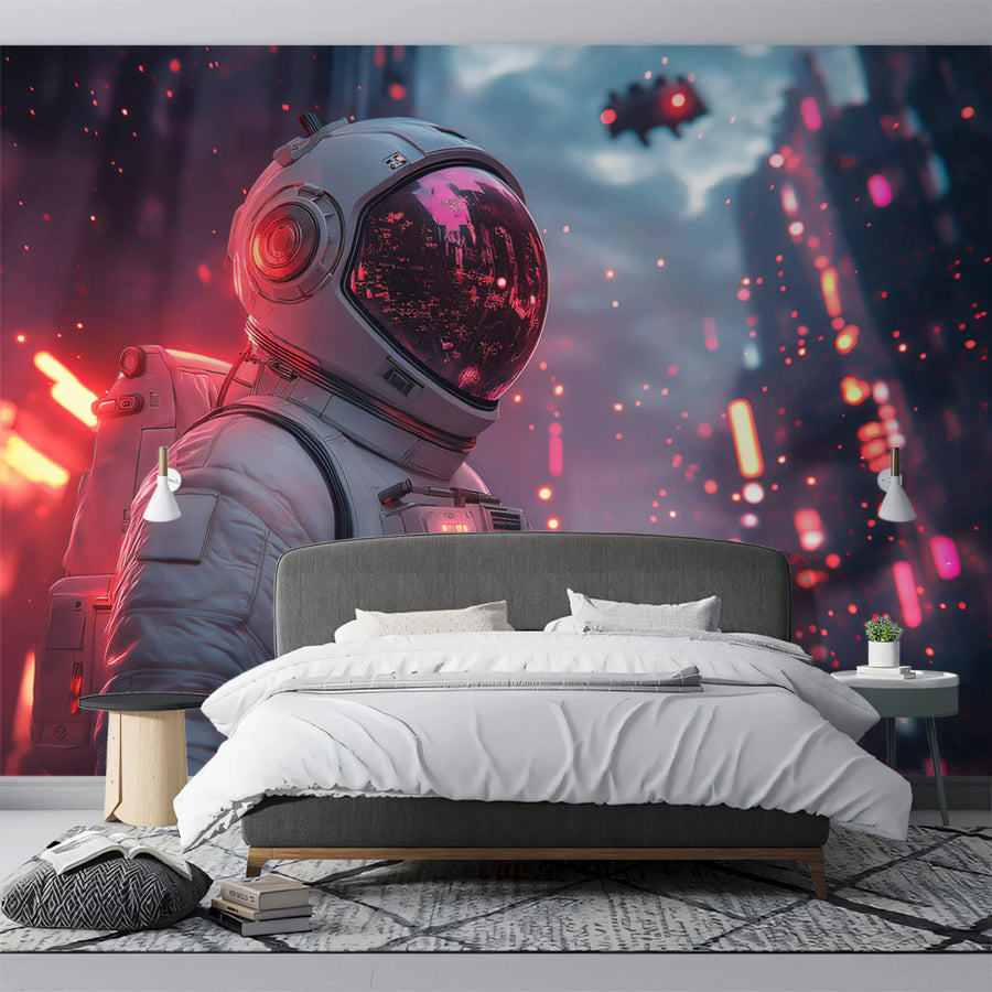 Astronaut Cityscape Mural Wallpaper — Neon Cyberpunk Style Mural Wallpaper