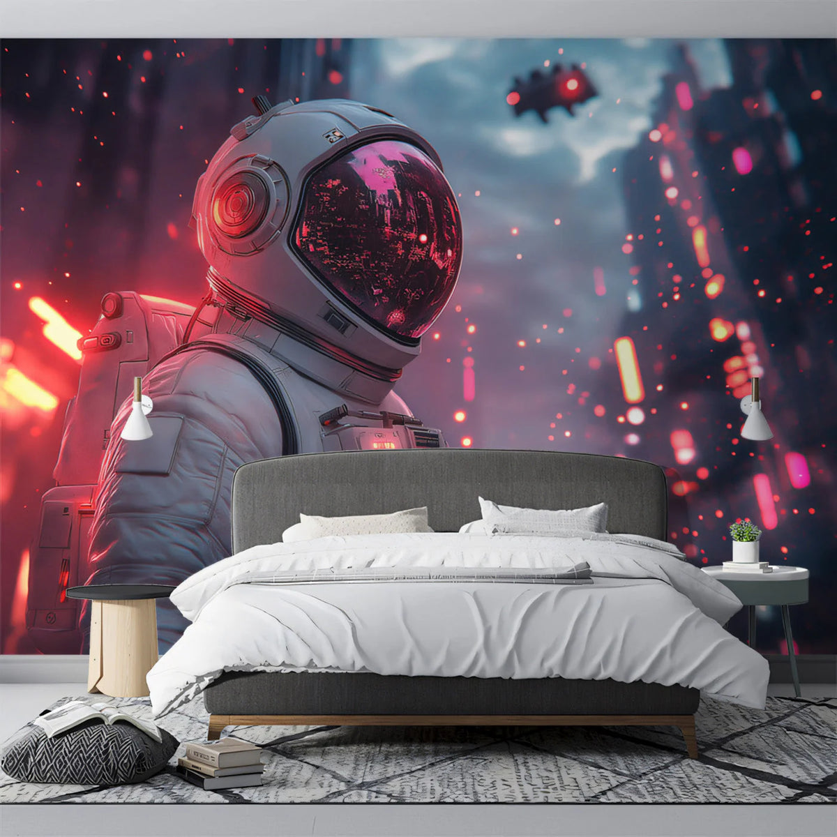 Astronaut Cityscape Mural Wallpaper — Neon Cyberpunk Style Mural Wallpaper - pure wallpaper artwork