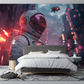 Astronaut Cityscape Mural Wallpaper — Neon Cyberpunk Style Mural Wallpaper - pure wallpaper artwork