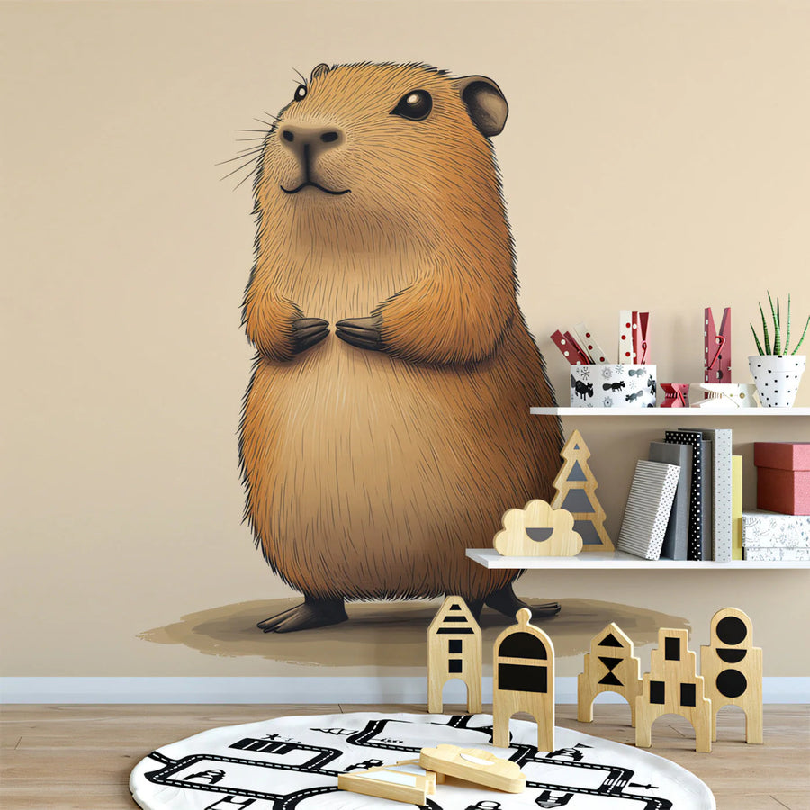 Friendly Capybara Mural Wallpaper — Soft Brown Animal Illustration Mural Wallpaper