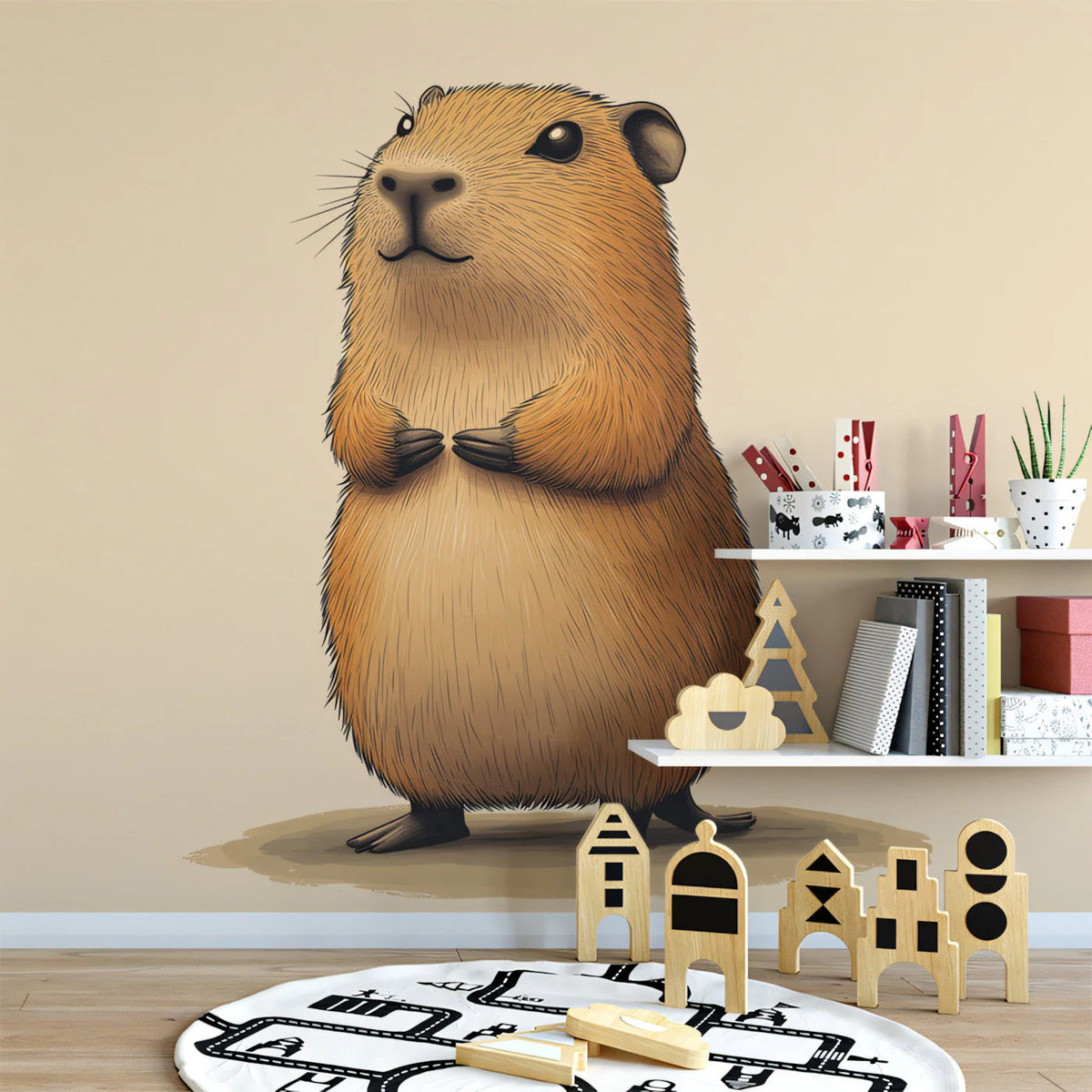 Friendly Capybara Mural Wallpaper — Soft Brown Animal Illustration Mural Wallpaper - pure wallpaper artwork