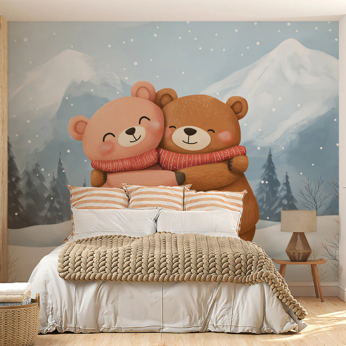 Winter Hug Bear Mural Wallpaper — Whimsical Snowy Landscape Mural Wallpaper - pure wallpaper artwork