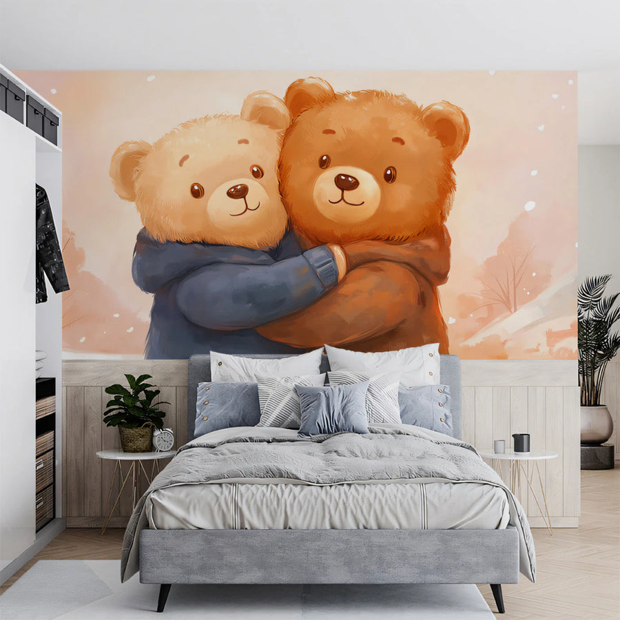 Hugging Teddy Bears Mural Wallpaper — Whimsical Kids Illustration Mural Wallpaper
