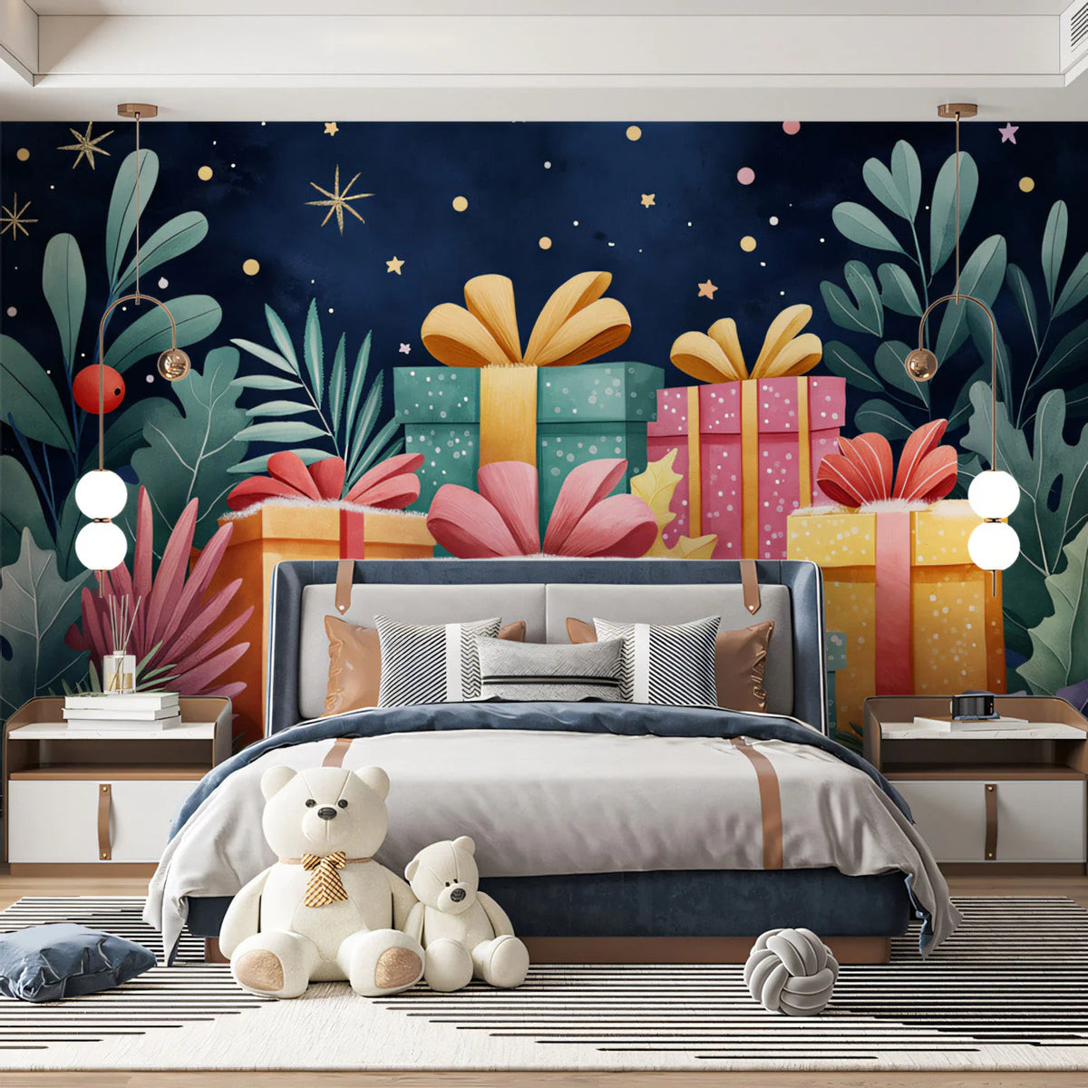 Starry Night Giftscape Mural Wallpaper — Playful Festive Design Mural Wallpaper - pure wallpaper artwork