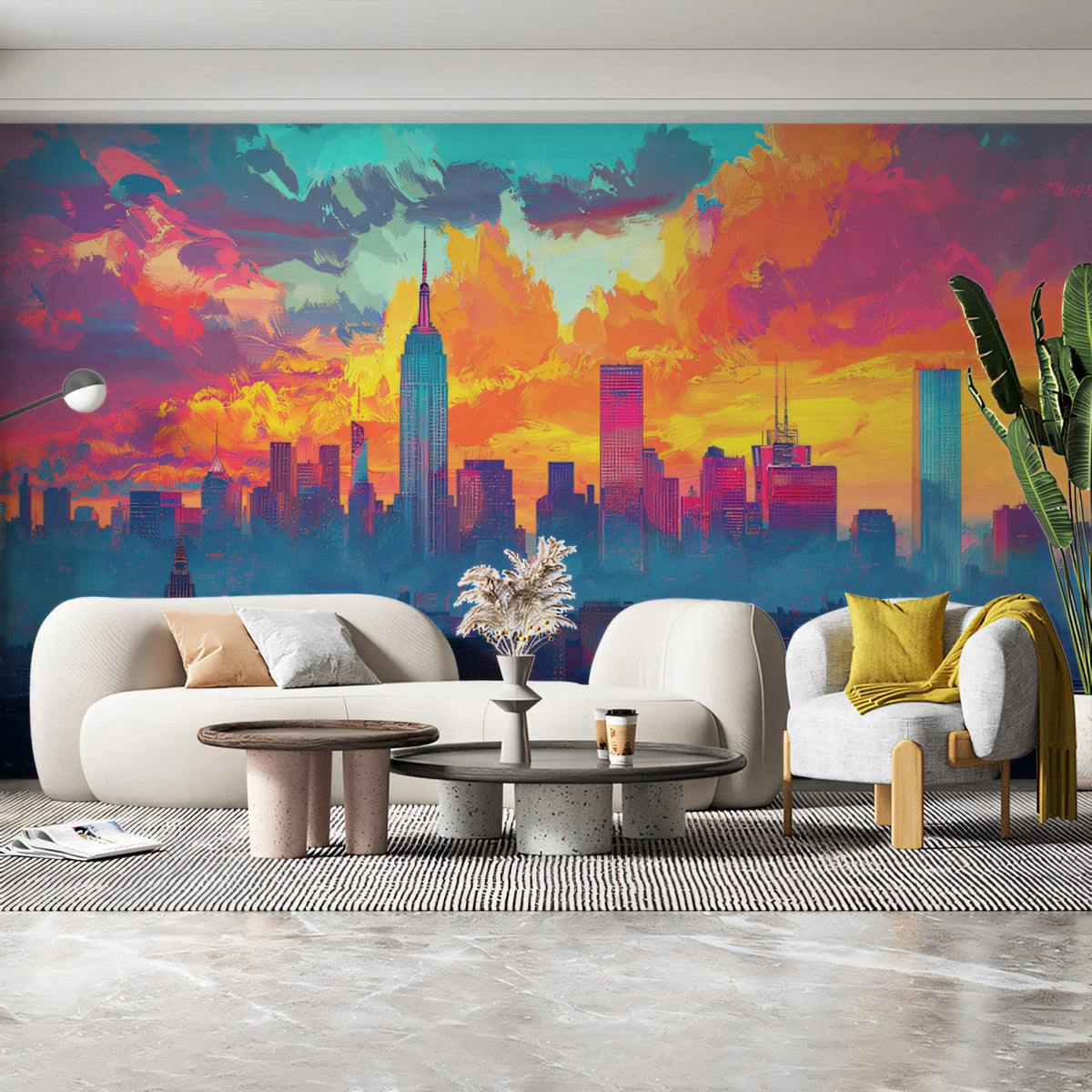 NYC Skyline Sunset Mural Wallpaper — Impressionist Urban Art Mural Wallpaper - pure wallpaper artwork