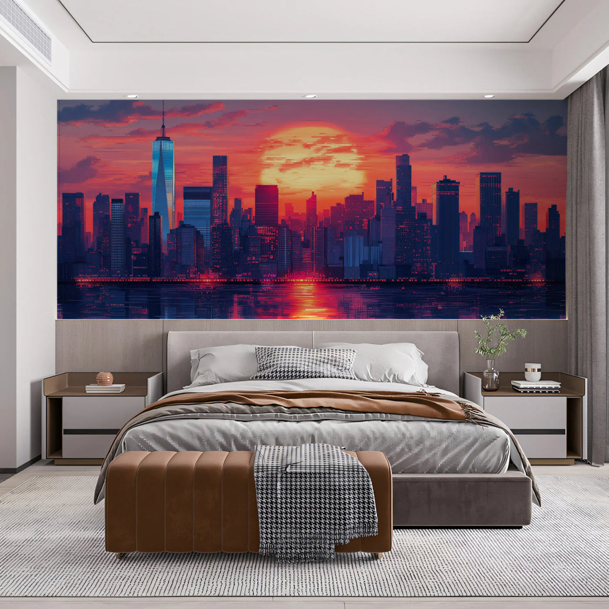 Vibrant Sunset Cityscape Mural Wallpaper —Urban Horizon Design Mural Wallpaper - pure wallpaper artwork