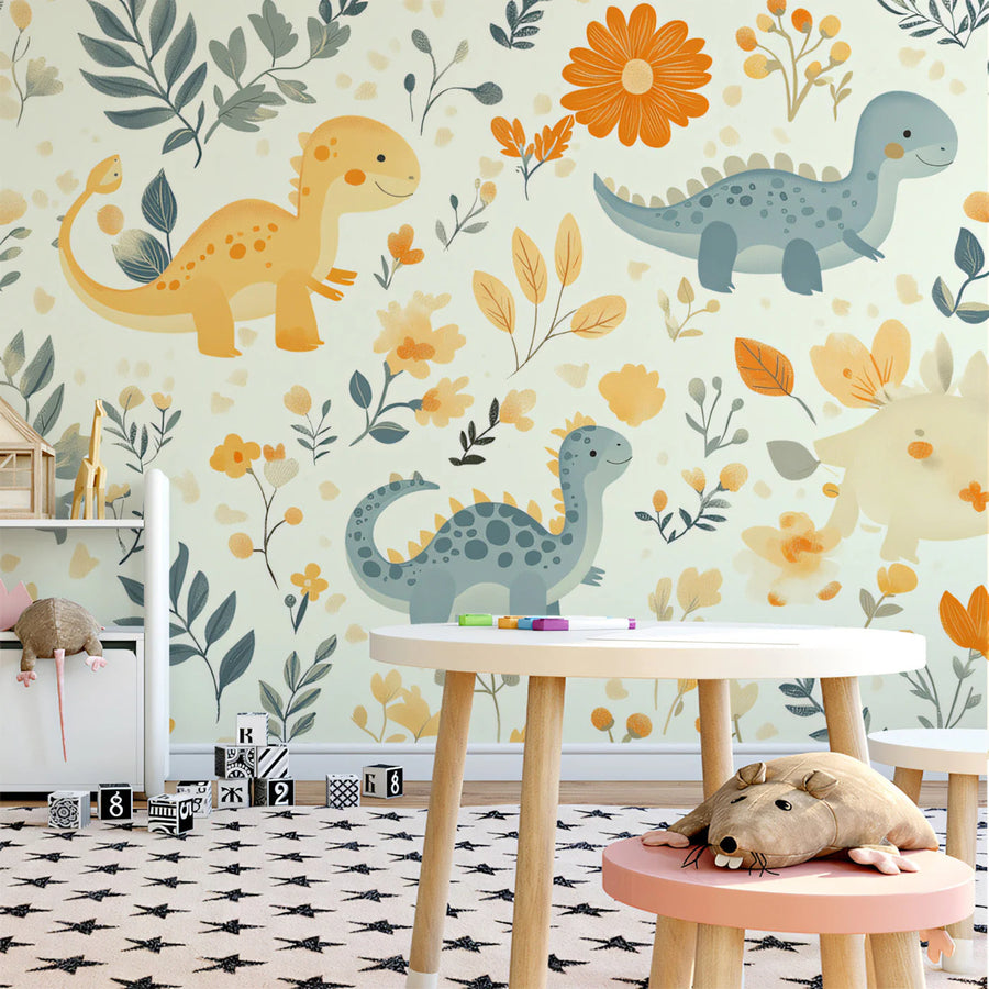 Dino Garden Mural Wallpaper in Soft Ochre and Dusty Blue Mural Wallpaper