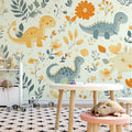 Dino Garden Mural Wallpaper in Soft Ochre and Dusty Blue Mural Wallpaper - pure wallpaper artwork