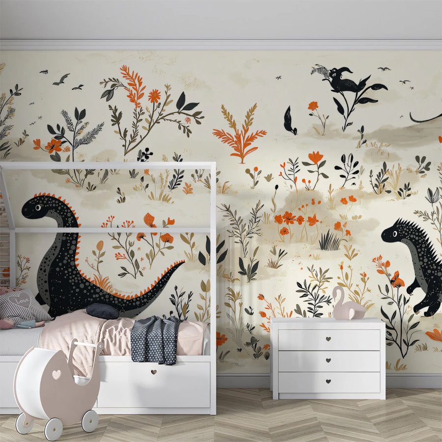 Dino Meadow Mural Wallpaper — Whimsical Prehistoric Botanical Mural Wallpaper