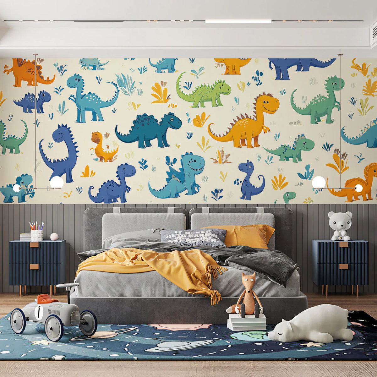 Dino Friends Mural Wallpaper — Playful Cartoon Pattern Mural Wallpaper - pure wallpaper artwork