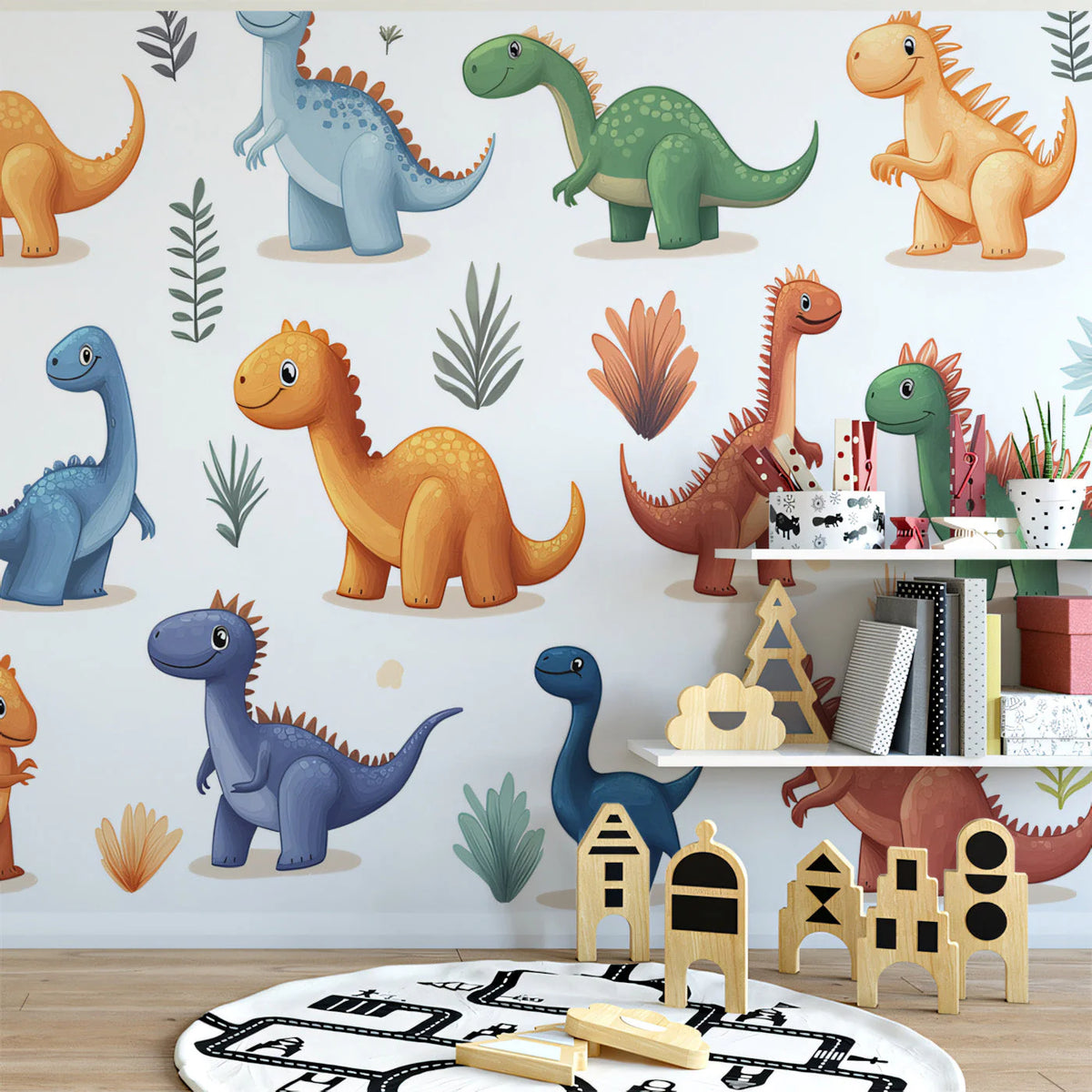 Friendly Dinosaur Friends Mural Wallpaper — Playful Cartoon Style Mural Wallpaper - pure wallpaper artwork