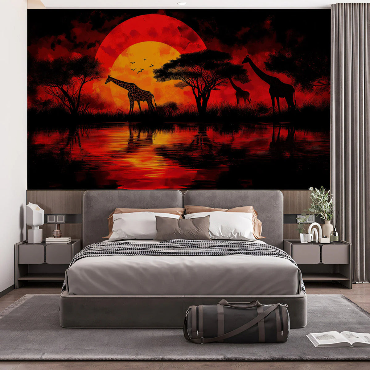 African Safari Sunset Mural Wallpaper — Bold Serengeti Silhouette Mural Wallpaper - pure wallpaper artwork