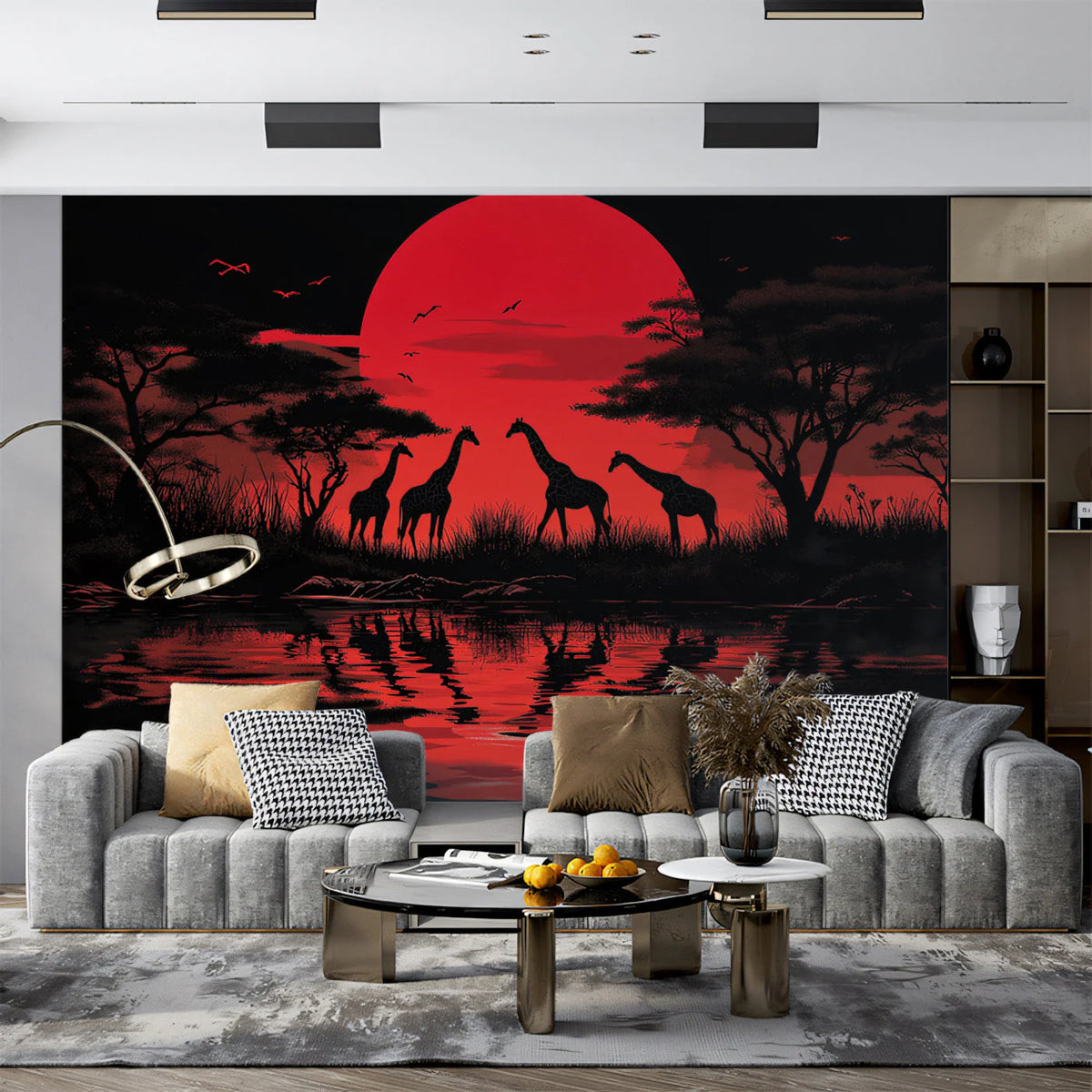 African Giraffe Sunset Mural Wallpaper — Bold Silhouette Graphic Mural Wallpaper - pure wallpaper artwork