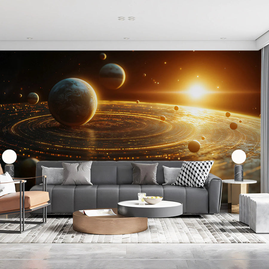 Celestial Orbit Mural Wallpaper — Deep Space Cosmic Design Mural Wallpaper