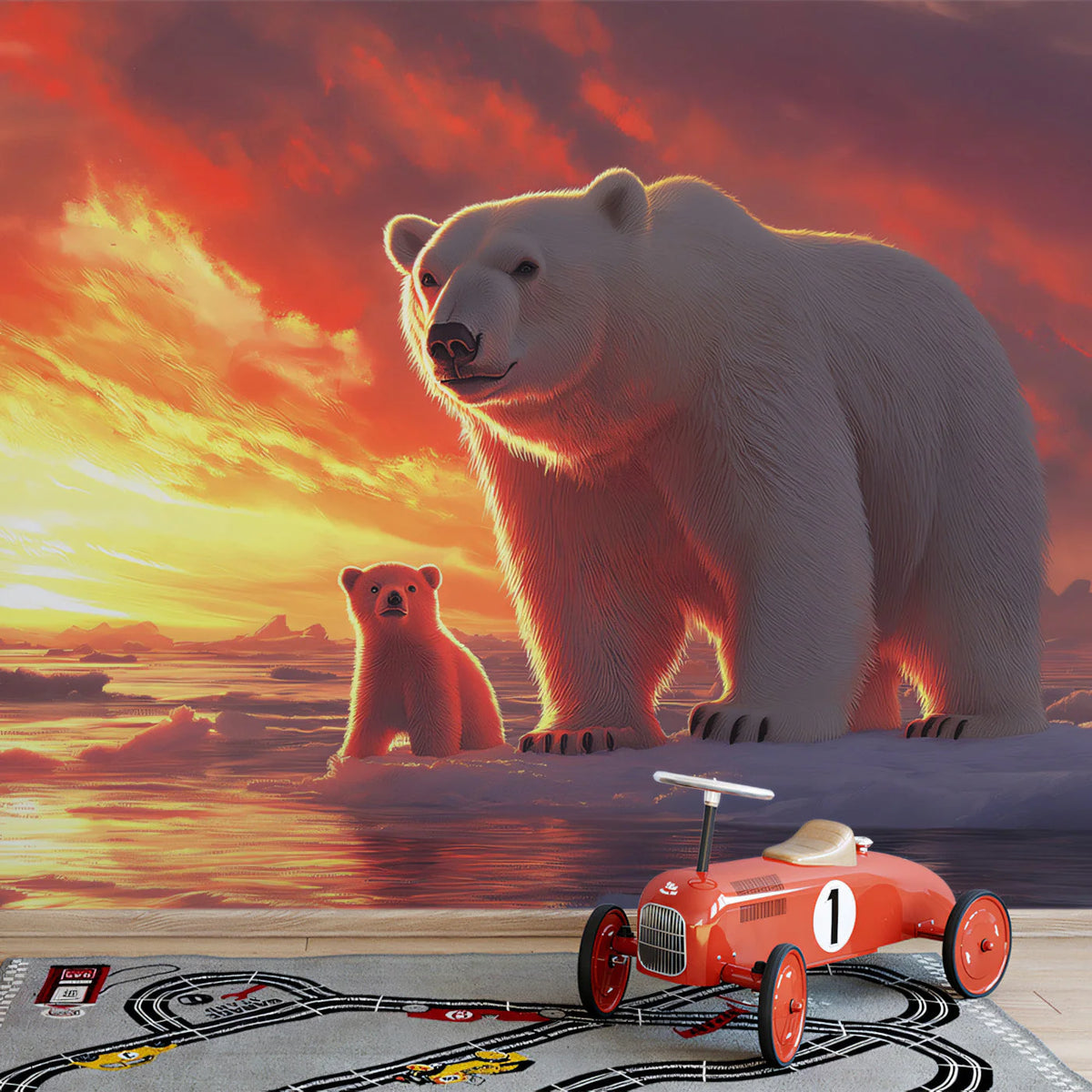 Arctic Polar Bear Sunset Mural Wallpaper —Warm Wildlife Scene Mural Wallpaper - pure wallpaper artwork