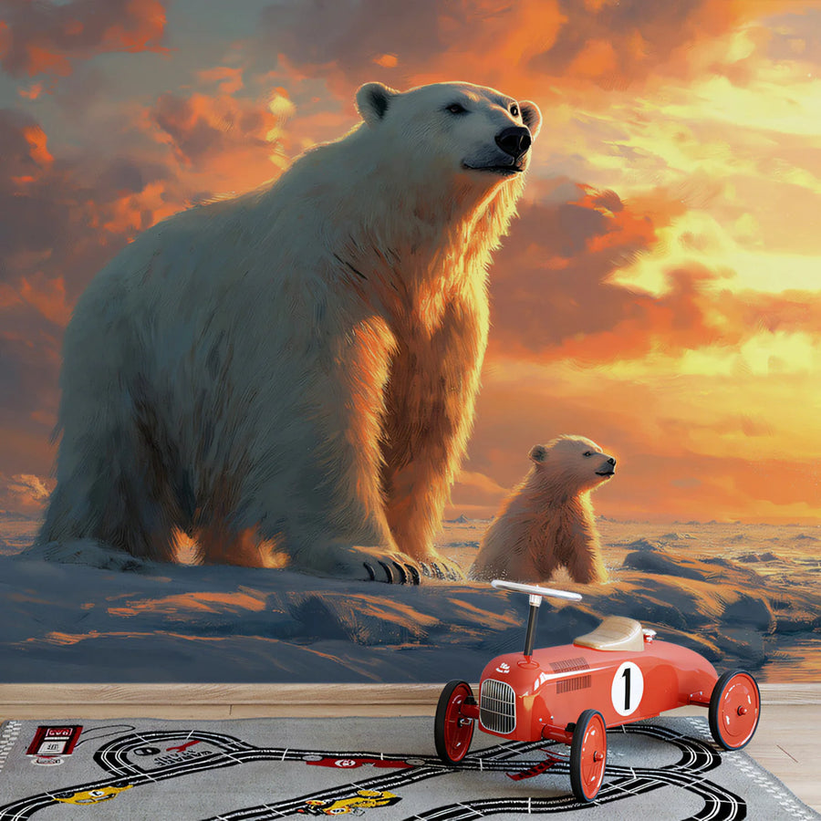 Arctic Sunset Polar Bear Mural Wallpaper —Painted Wildlife Scene Mural Wallpaper