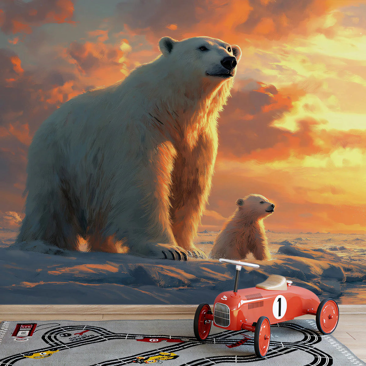 Arctic Sunset Polar Bear Mural Wallpaper —Painted Wildlife Scene Mural Wallpaper - pure wallpaper artwork