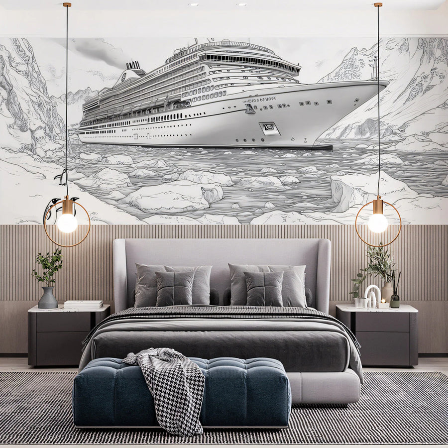 Arctic Expedition Cruise Ship Mural Wallpaper — Nautical Illustration Mural Wallpaper
