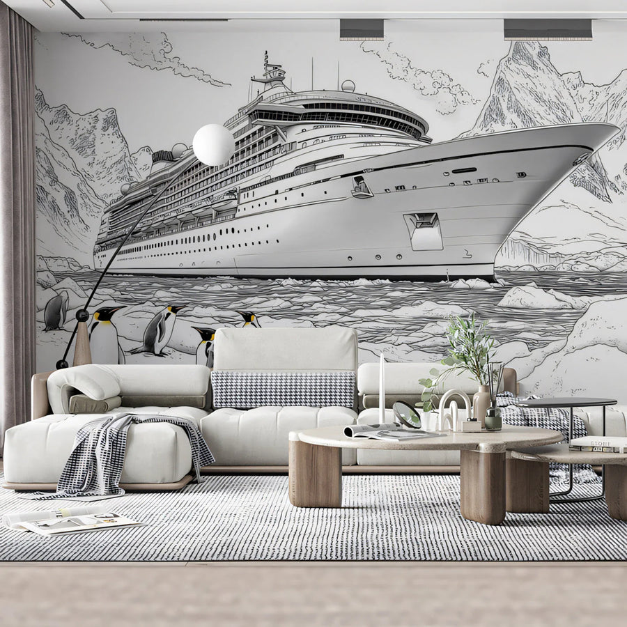 Arctic Expedition Cruise Ship Mural Wallpaper — Line Art Design Mural Wallpaper