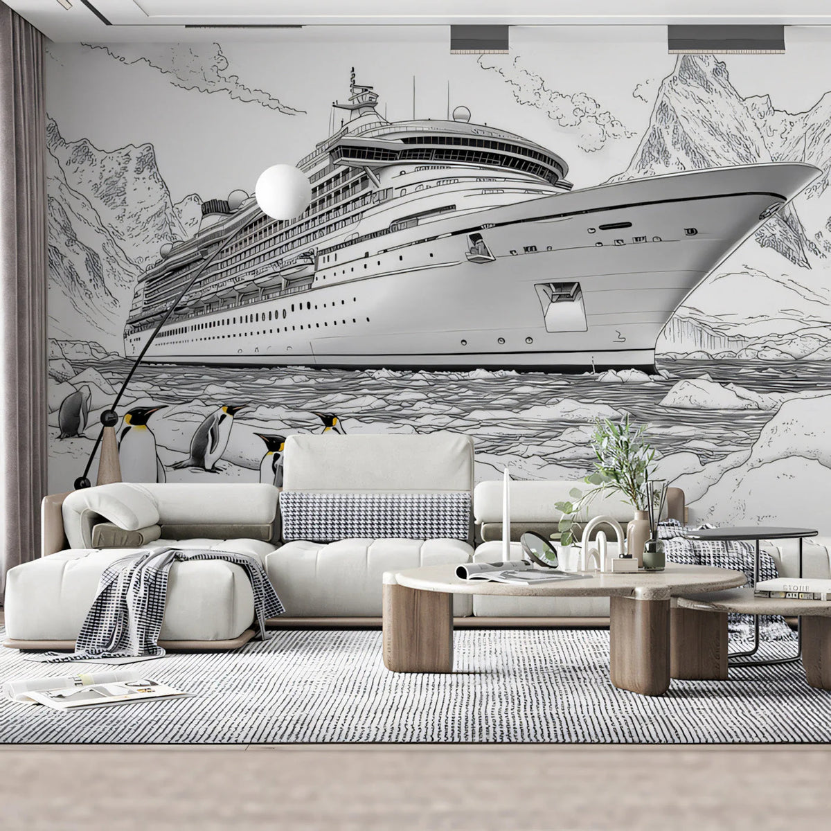 Arctic Expedition Cruise Ship Mural Wallpaper — Line Art Design Mural Wallpaper - pure wallpaper artwork