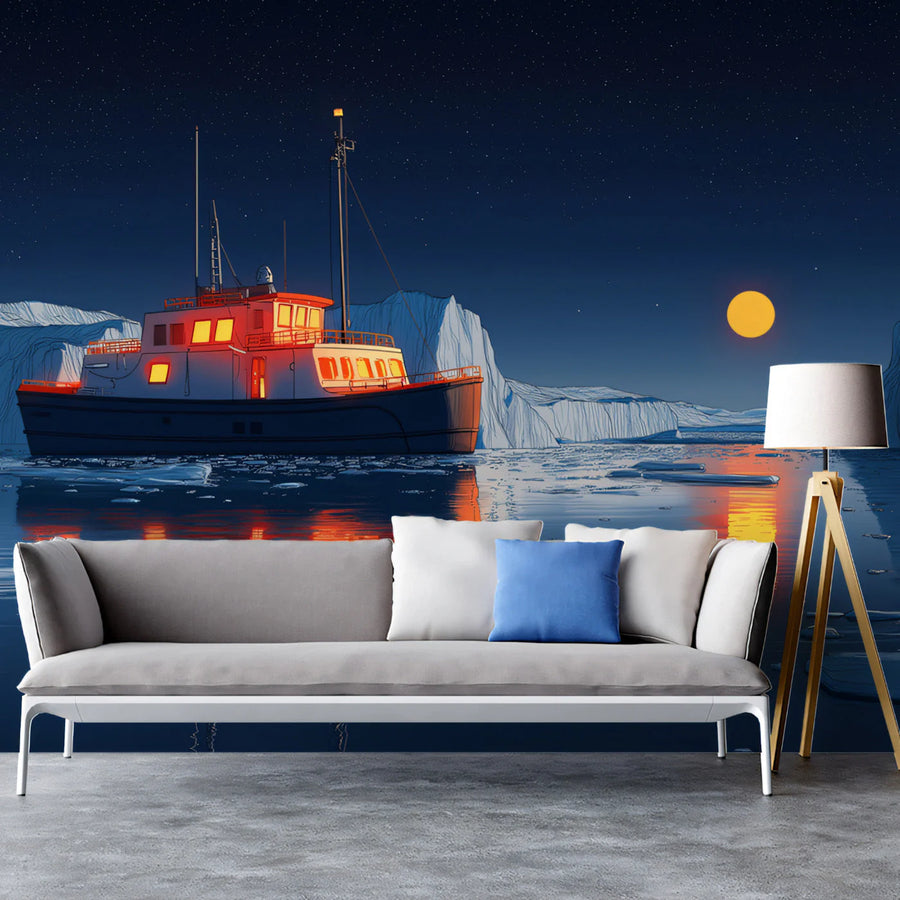 Arctic Expedition Mural Wallpaper — Midnight Nautical Scene Mural Wallpaper