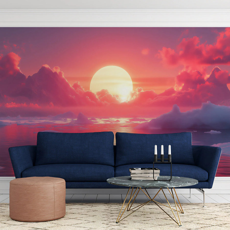 Arctic Sunset Mural Wallpaper — Vibrant Pink and Gold Landscape Mural Wallpaper