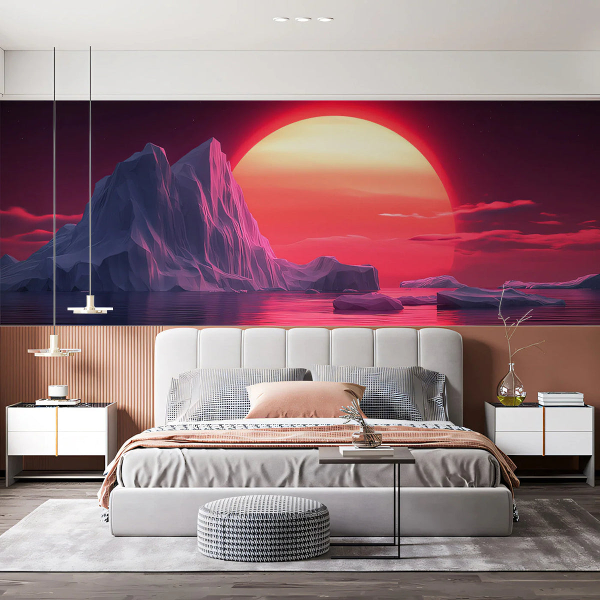 Arctic Sunset Geometric Mural Wallpaper — Vibrant Synthwave Style Mural Wallpaper - pure wallpaper artwork