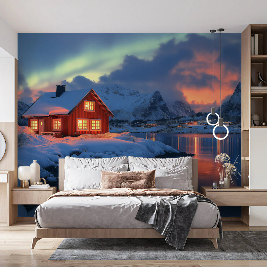 Northern Lights Cabin Mural Wallpaper — Winter Mountain Scenery Mural Wallpaper