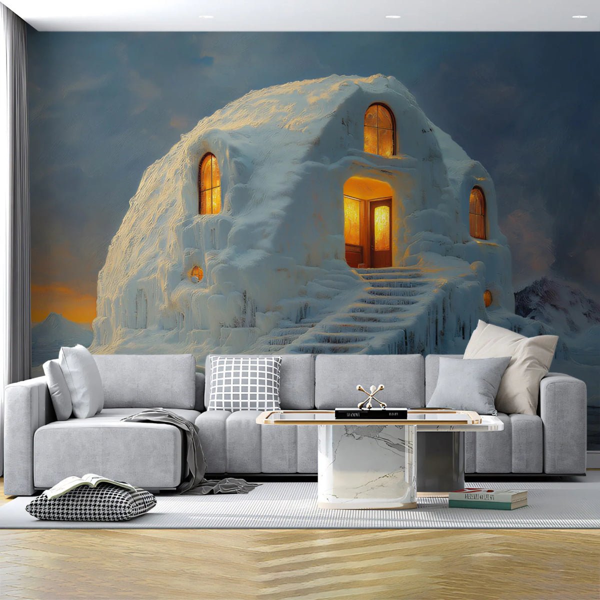 Arctic Igloo Retreat Mural Wallpaper — Winter Twilight Scene Mural Wallpaper - pure wallpaper artwork