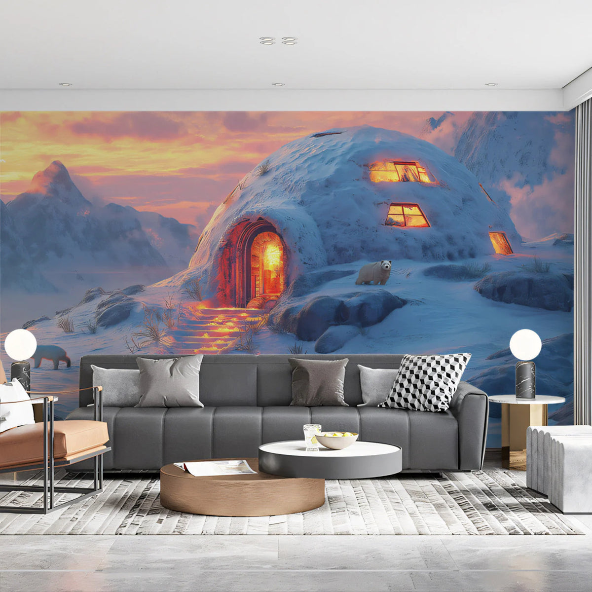 Arctic Igloo Sunset Mural Wallpaper — Dreamy Polar Landscape Mural Wallpaper - pure wallpaper artwork