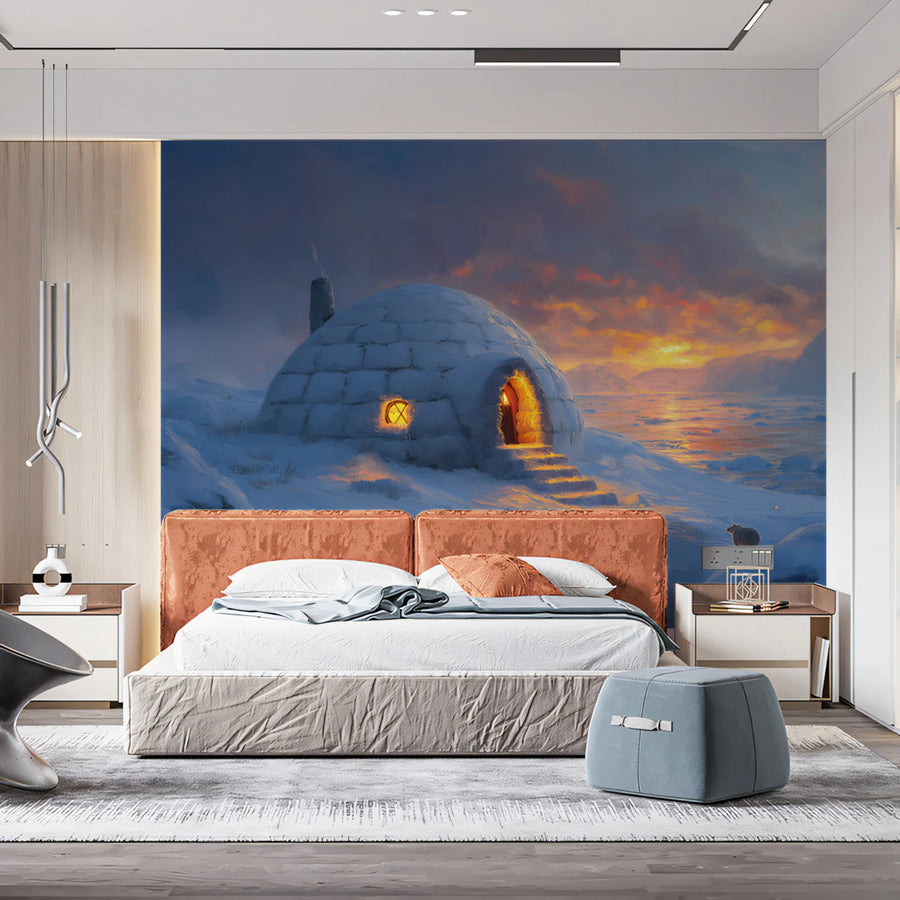 Arctic Igloo Twilight Mural Wallpaper —Painterly Winter Landscape Mural Wallpaper