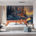 Snowy Cabin Twilight Mural Wallpaper —Painterly Winter Landscape Mural Wallpaper - pure wallpaper artwork