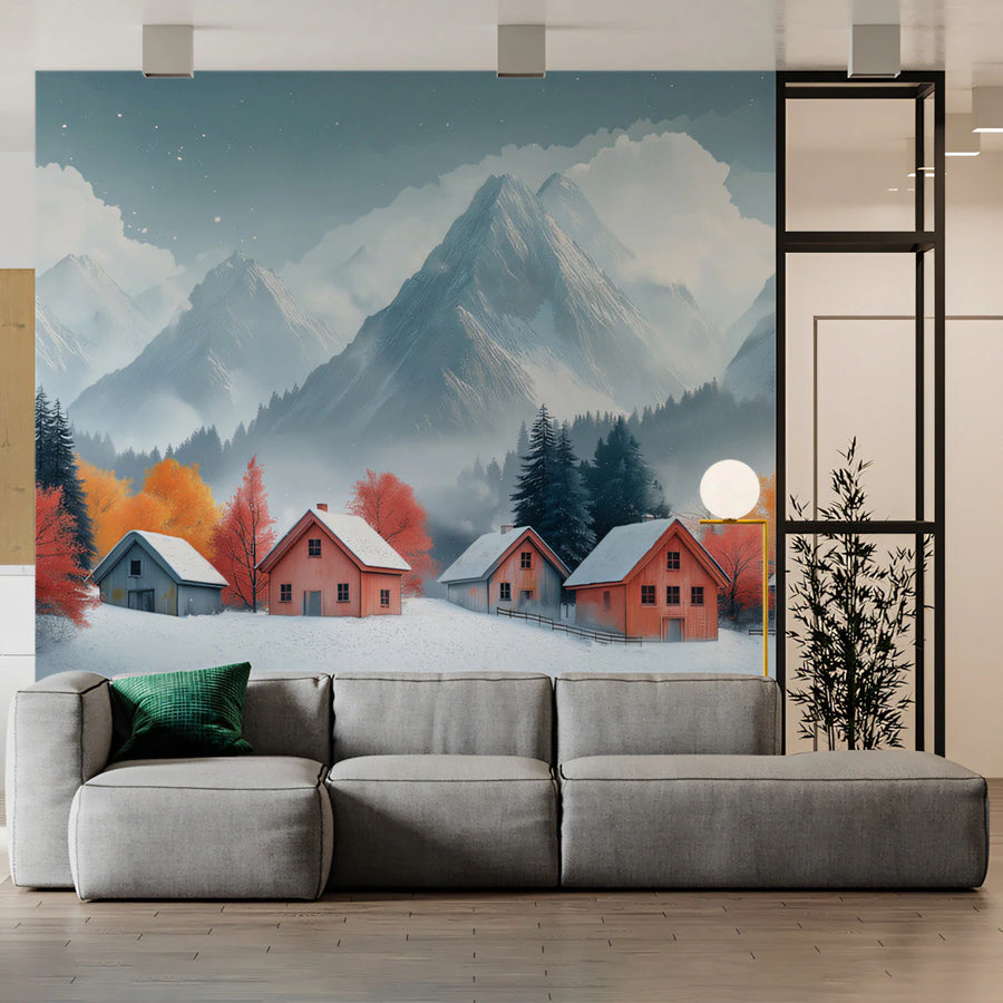 Alpine Village Mountain Mural Wallpaper —Snowy Winter Landscape Mural Wallpaper