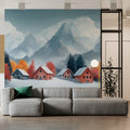 Alpine Village Mountain Mural Wallpaper —Snowy Winter Landscape Mural Wallpaper - pure wallpaper artwork