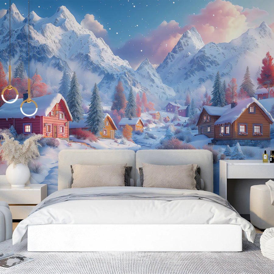 Winter Mountain Village Mural Wallpaper — Alpine Scenic Decor Mural Wallpaper