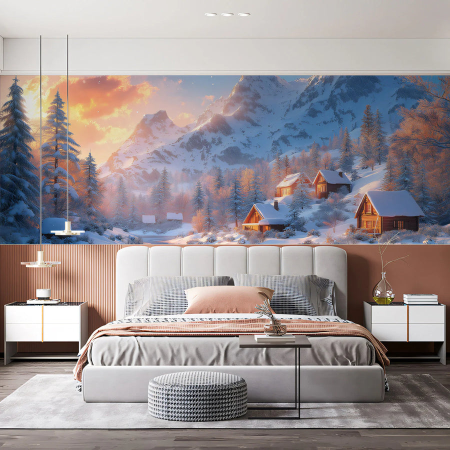 Snowy Alpine Village Mural Wallpaper — Warm Winter Sunset Mural Wallpaper