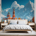 Snowy Mountain Monastery Mural Wallpaper — Whimsical Winter Scene Mural Wallpaper - pure wallpaper artwork