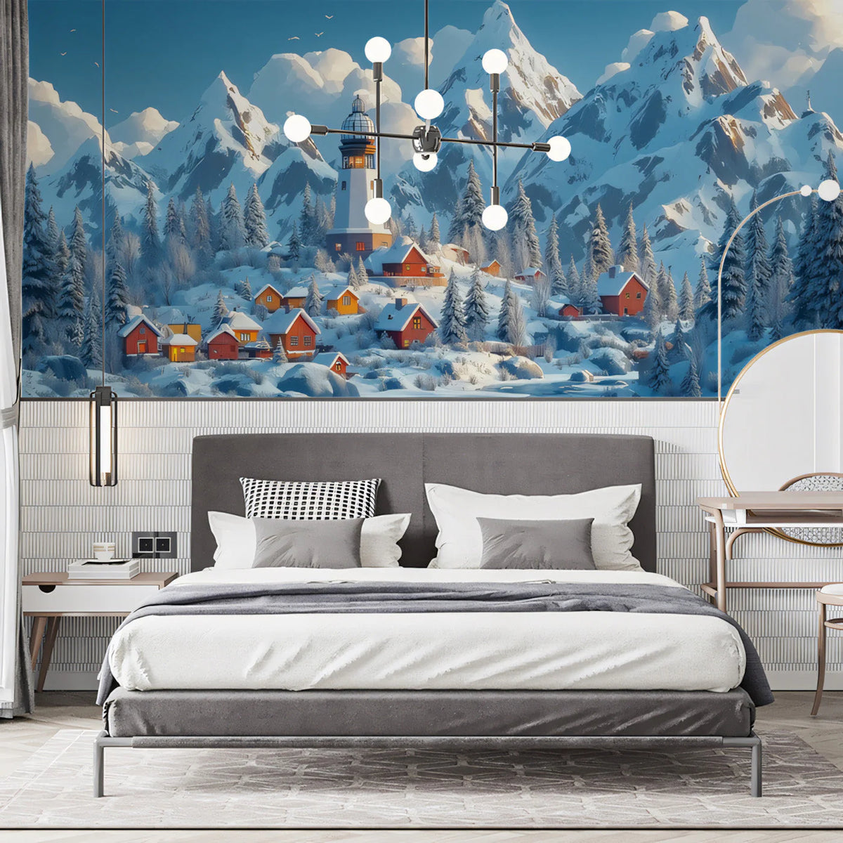 Winter Mountain Village Mural Wallpaper — Alpine Scenic Design Mural Wallpaper - pure wallpaper artwork