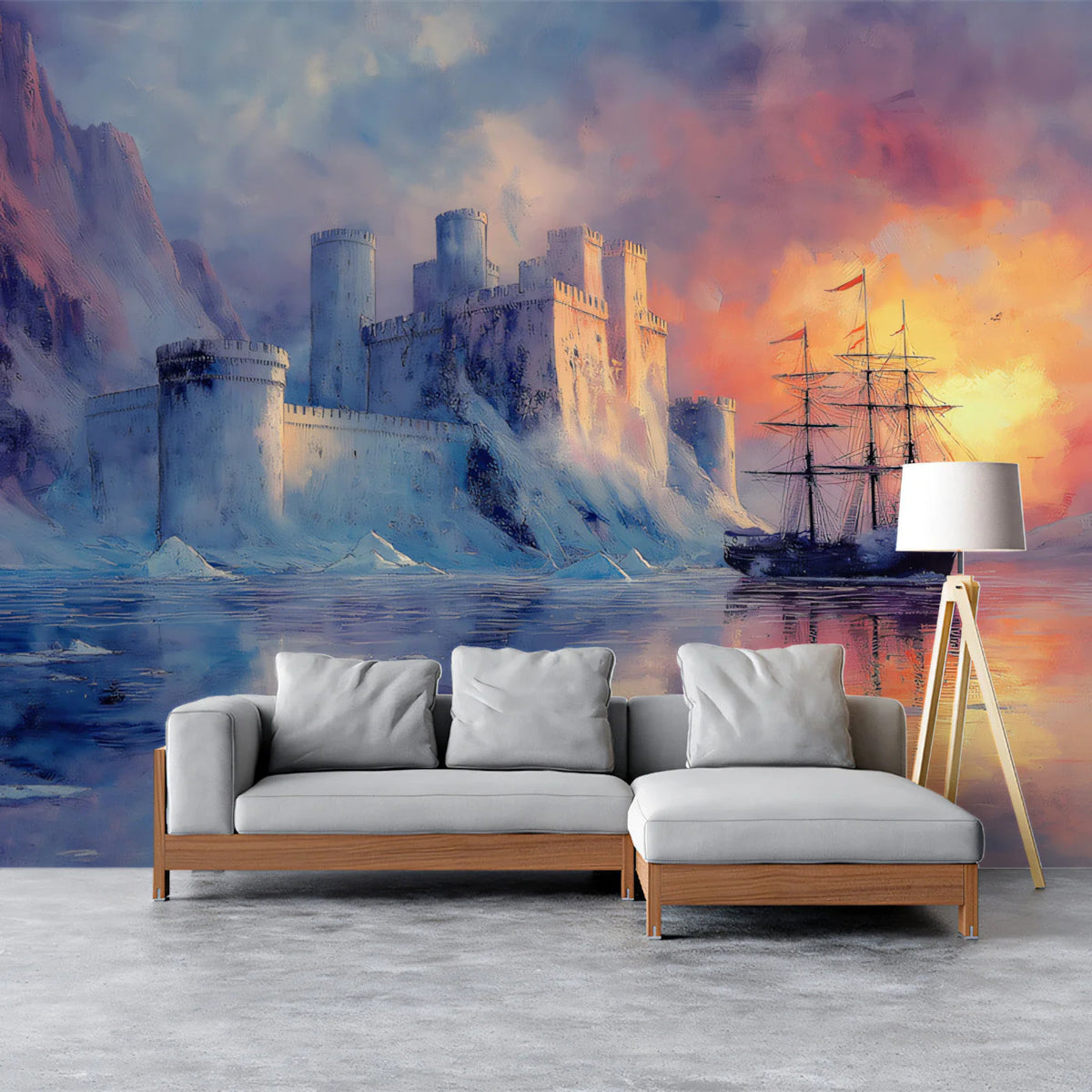 Coastal Castle Sunset Mural Wallpaper — Dreamy Nautical Art Mural Wallpaper - pure wallpaper artwork