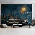 Moonlit Castle and Seascape Mural Wallpaper —Midnight Oil Painting Mural Wallpaper - pure wallpaper artwork
