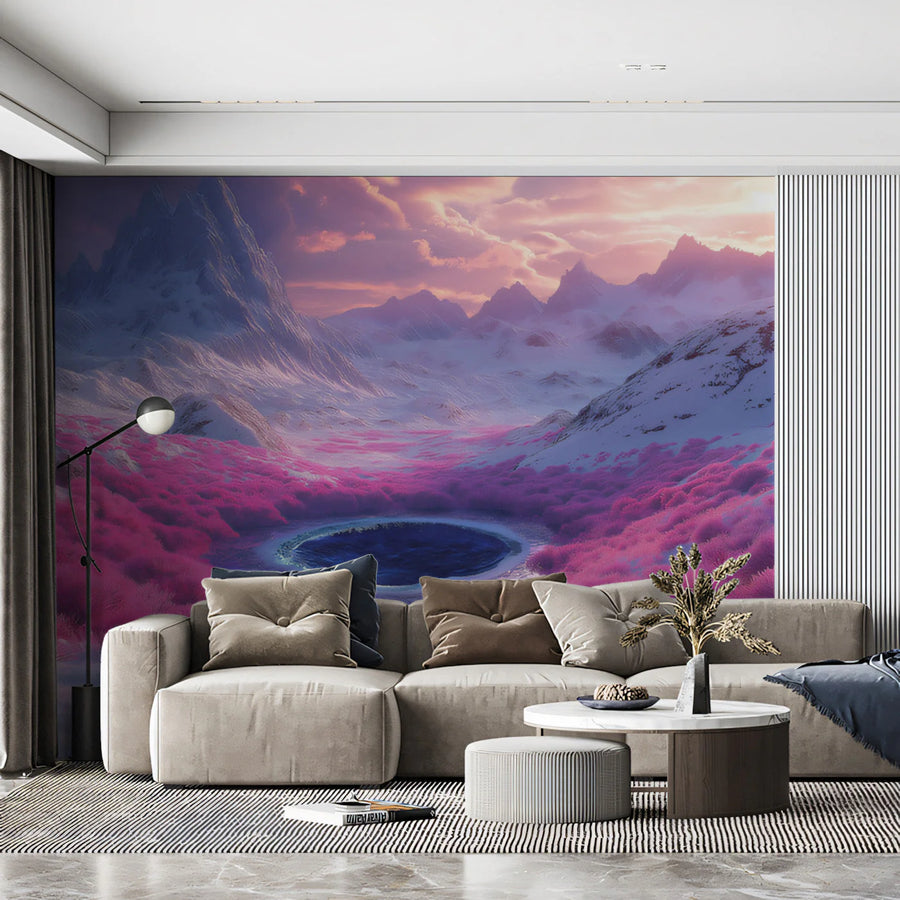 Magenta Alpine Valley Mural Wallpaper — Dreamy Mountain Landscape Mural Wallpaper
