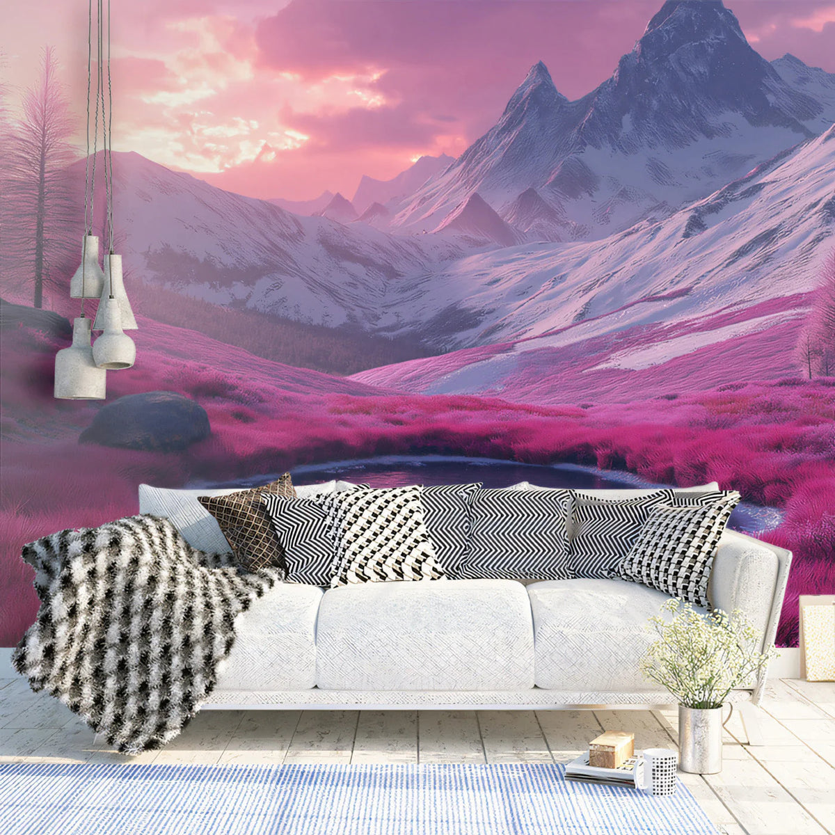 Alpine Sunset Landscape Mural Wallpaper in Magenta and White Mural Wallpaper - pure wallpaper artwork