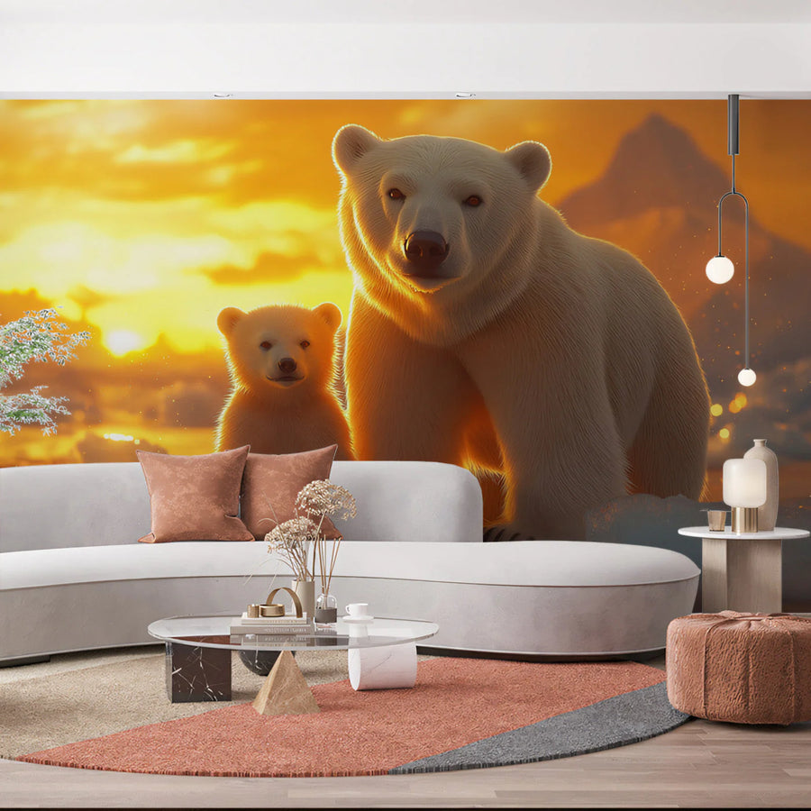Arctic Polar Bear Family Mural Wallpaper —Warm Sunset Glow Mural Wallpaper