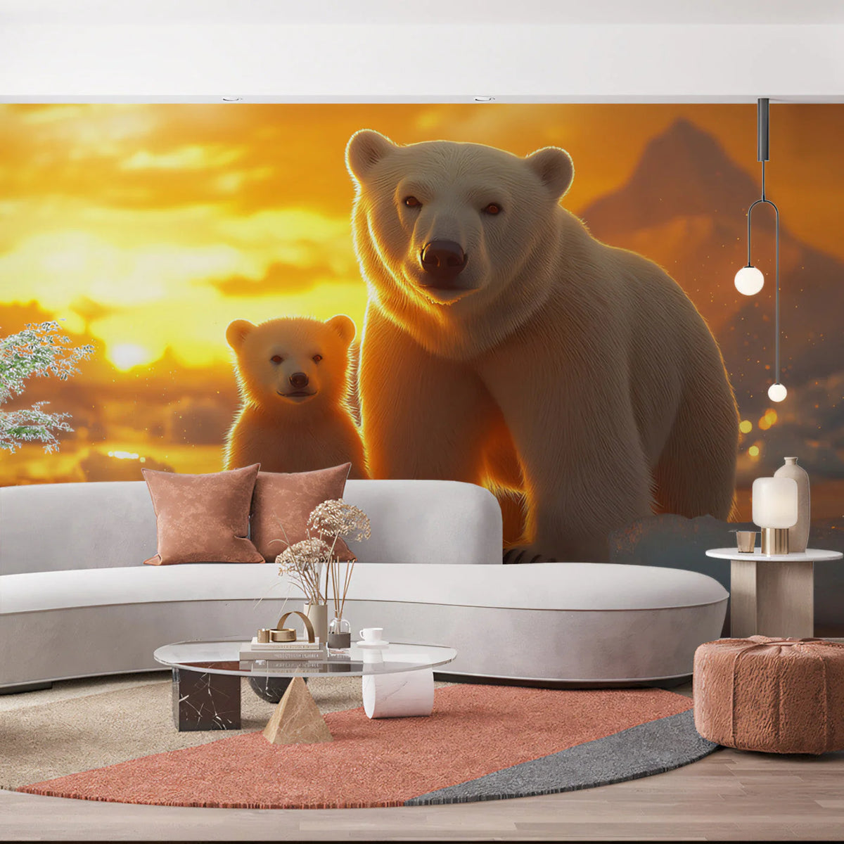 Arctic Polar Bear Family Mural Wallpaper —Warm Sunset Glow Mural Wallpaper - pure wallpaper artwork