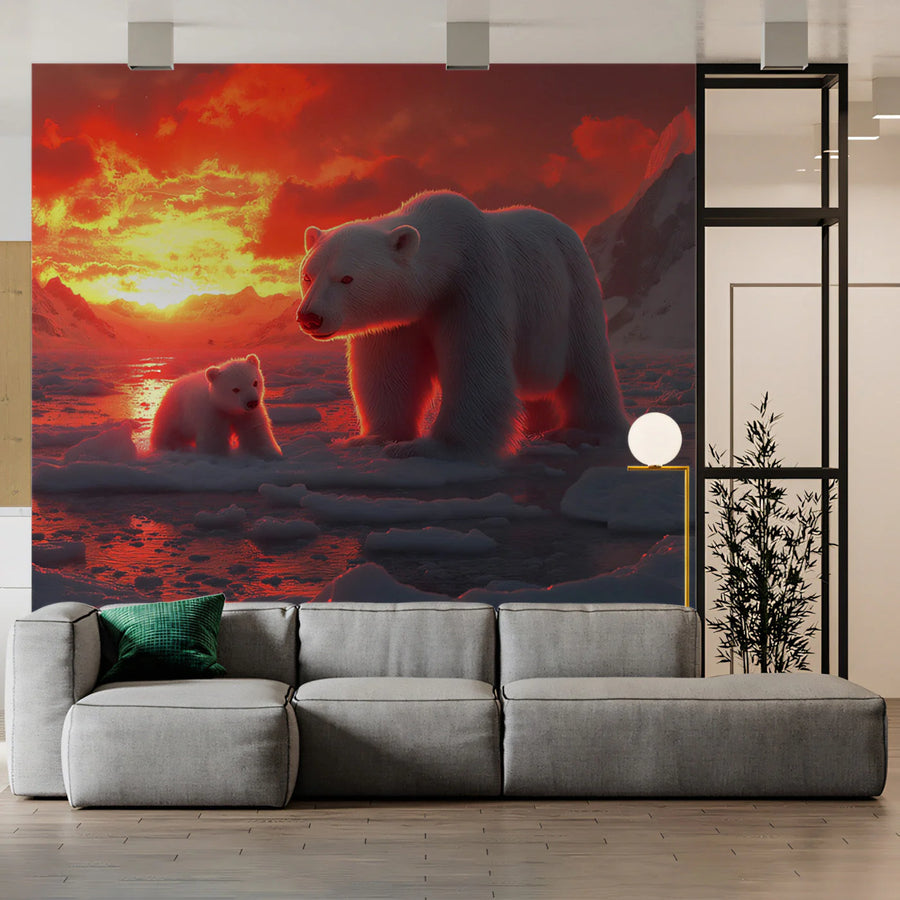 Arctic Polar Bear Family Mural Wallpaper — Sunset Landscape Mural Wallpaper