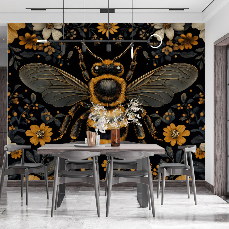 Golden Honeybee and Floral Garden Mural Wallpaper
