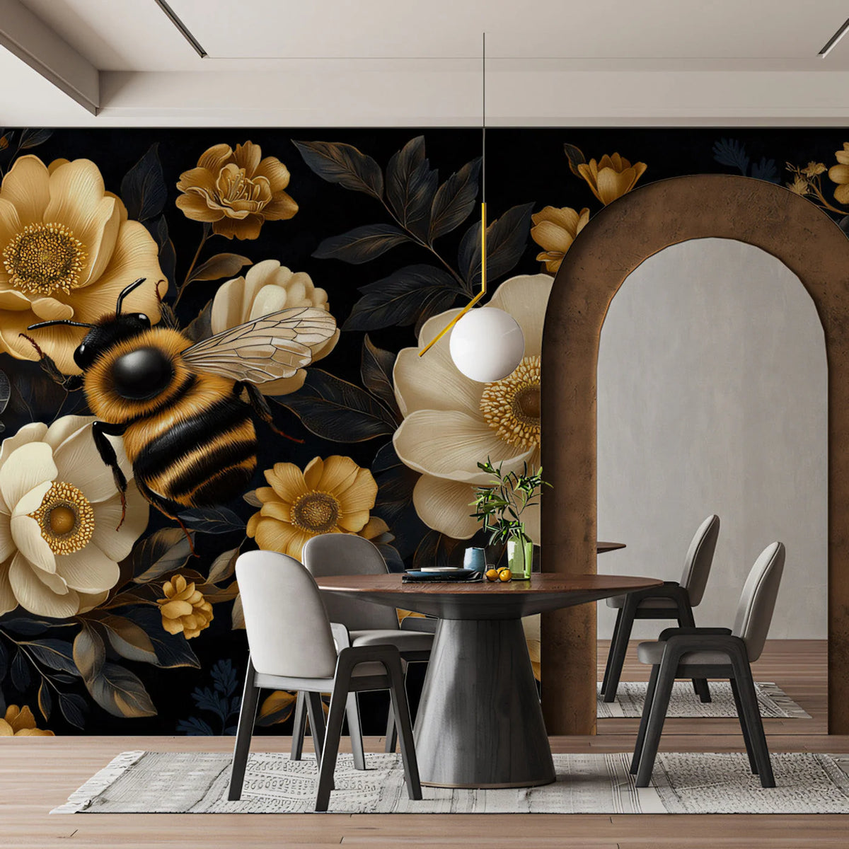 Golden Bee and Floral Meadow Mural Wallpaper — Dark Botanical Mural Wallpaper - pure wallpaper artwork