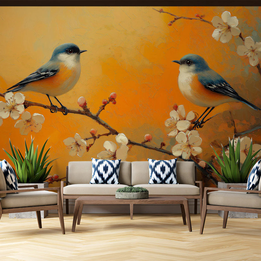 Songbirds and Spring Blossom Mural Wallpaper — Artistic Floral Mural Wallpaper