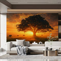 African Savannah Sunset Mural Wallpaper —Warm Golden Horizon Mural Wallpaper - pure wallpaper artwork